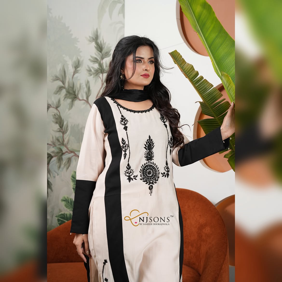 beige and black color kurta for women