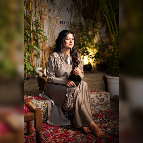 Elegant Embroidered Long Dress – Taupe