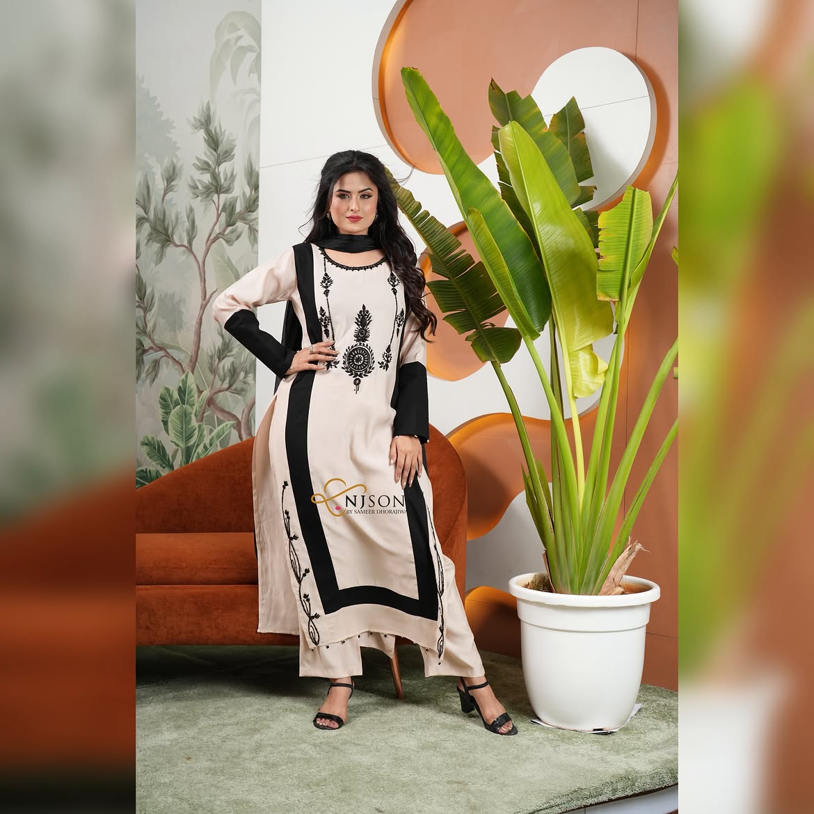 beige and black color kurta for women