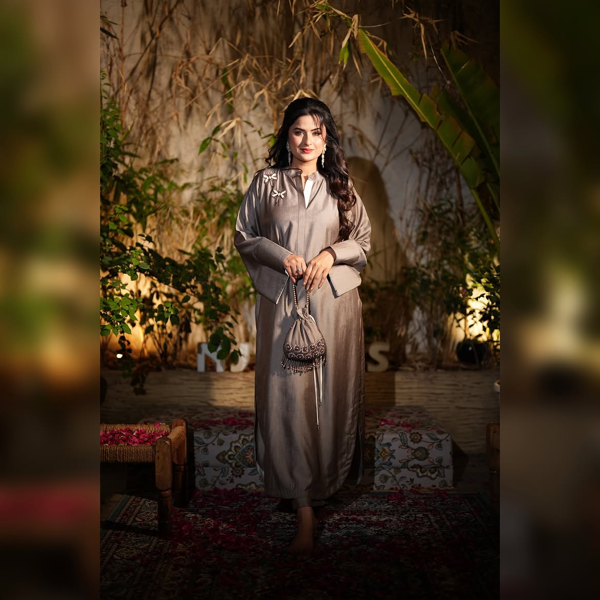 Elegant Embroidered Long Dress – Taupe